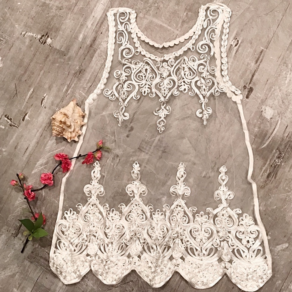 Swim Cover Dress Top White with Embroidery